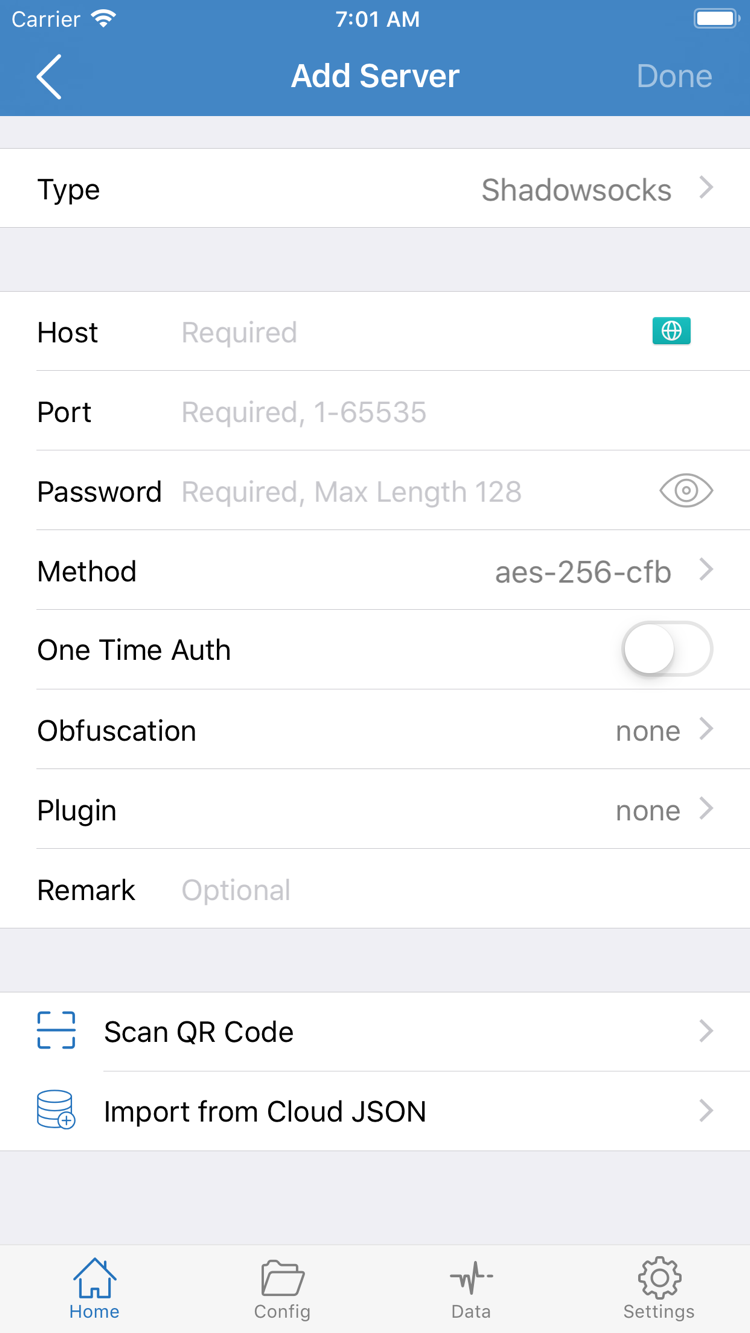 Shadowrocket Add Server 頁面，包含 Type、Host、Port、Password、Method 和 Scan QR Code 入口