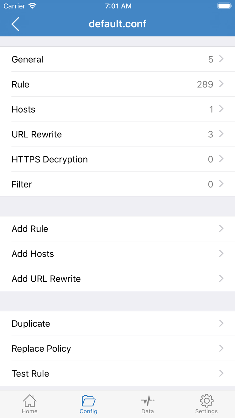 Shadowrocket Config 設定編輯頁面，顯示 General、Rule、Hosts、URL Rewrite、HTTPS Decryption 和 Add Rule