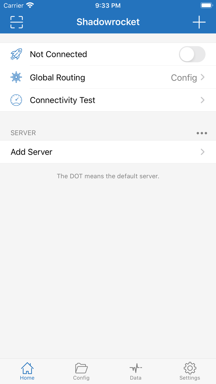 Shadowrocket Home 頁面，頂部為 Not Connected 開關，下方有 Global Routing、Connectivity Test、SERVER 和 Add Server