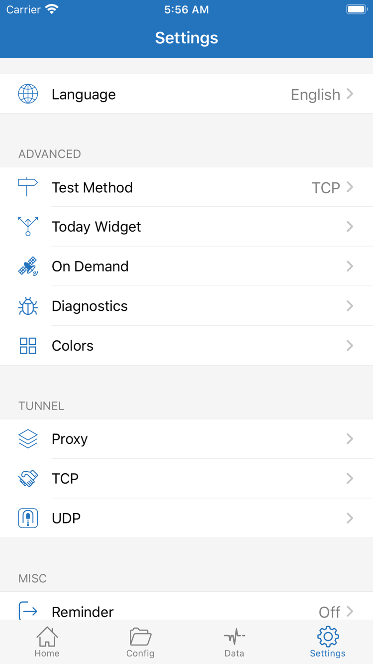 Shadowrocket Settings 頁面，包含 Language、Test Method、Today Widget、On Demand、Diagnostics、Proxy、TCP 和 UDP